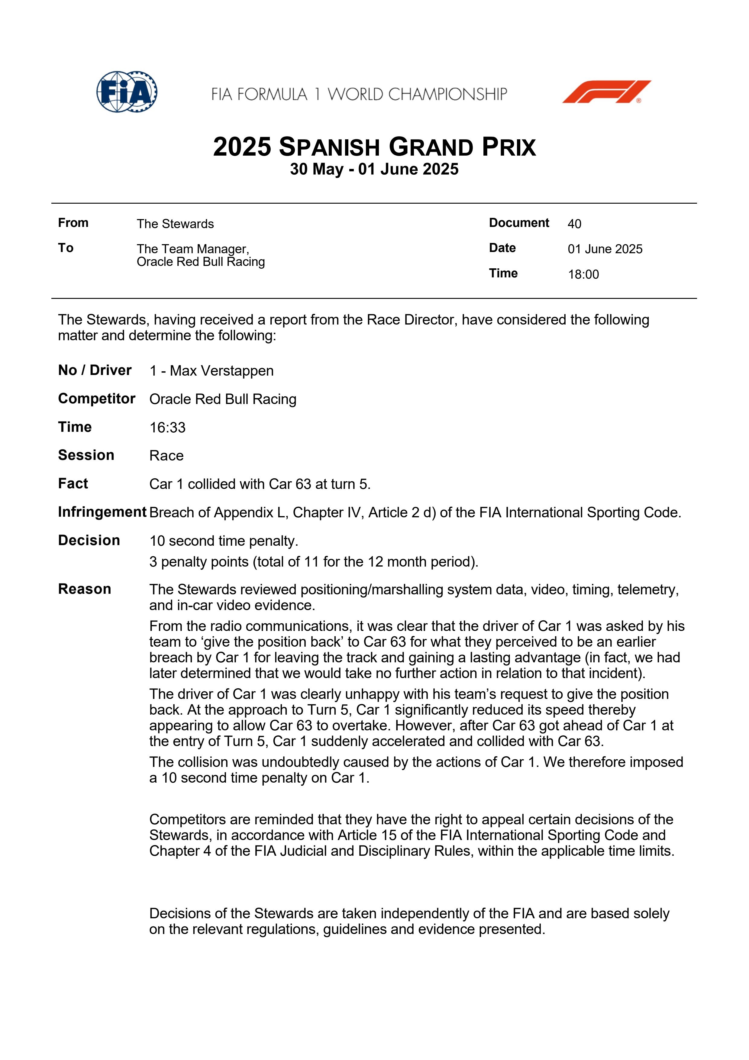 F1 维斯塔潘因引发与拉塞尔之间的碰撞，被罚时10秒，同时超级驾照扣3分！12个
