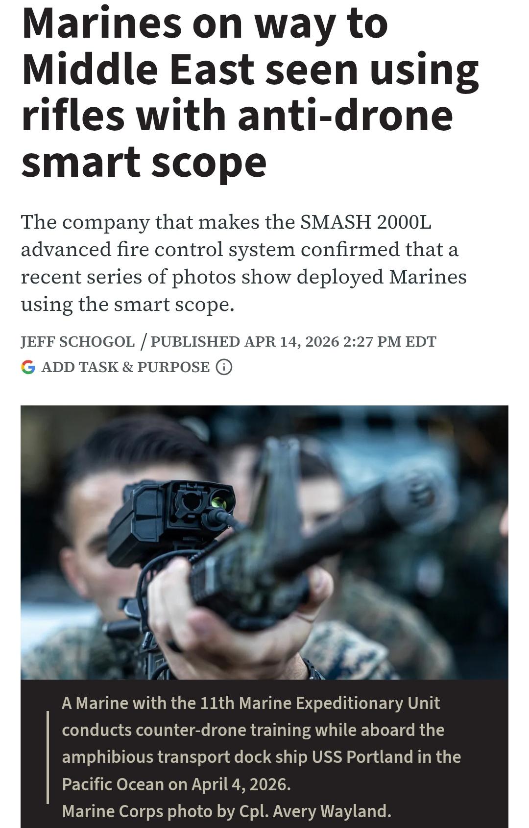 装备SMASH 2000L智能瞄准镜的海军陆战队员前往中东
这些瞄准镜设计用于对