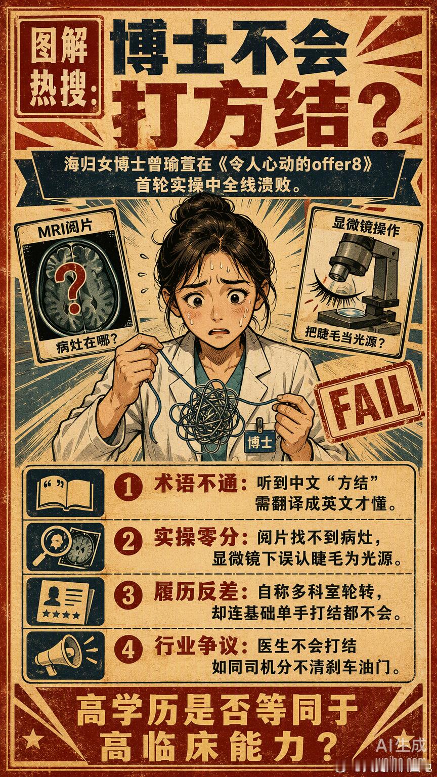 24岁海归医学女博士在综艺里连外科方结都打不明白，却自称曾在各个科室轮转。这出闹