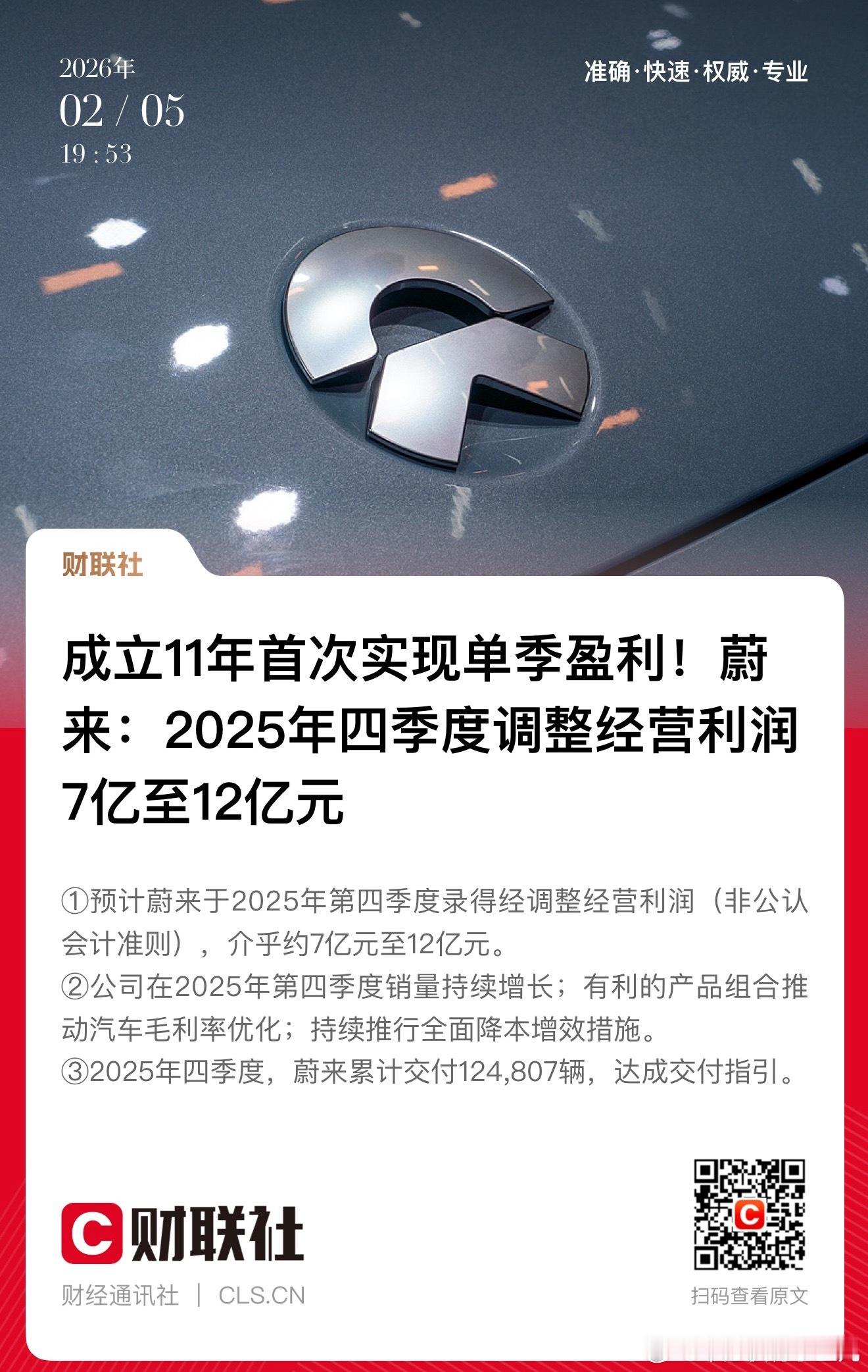 蔚来实现季度盈利 市场认可的表现～ 不枉我一直看好蔚来 Q4交付12.48万辆（