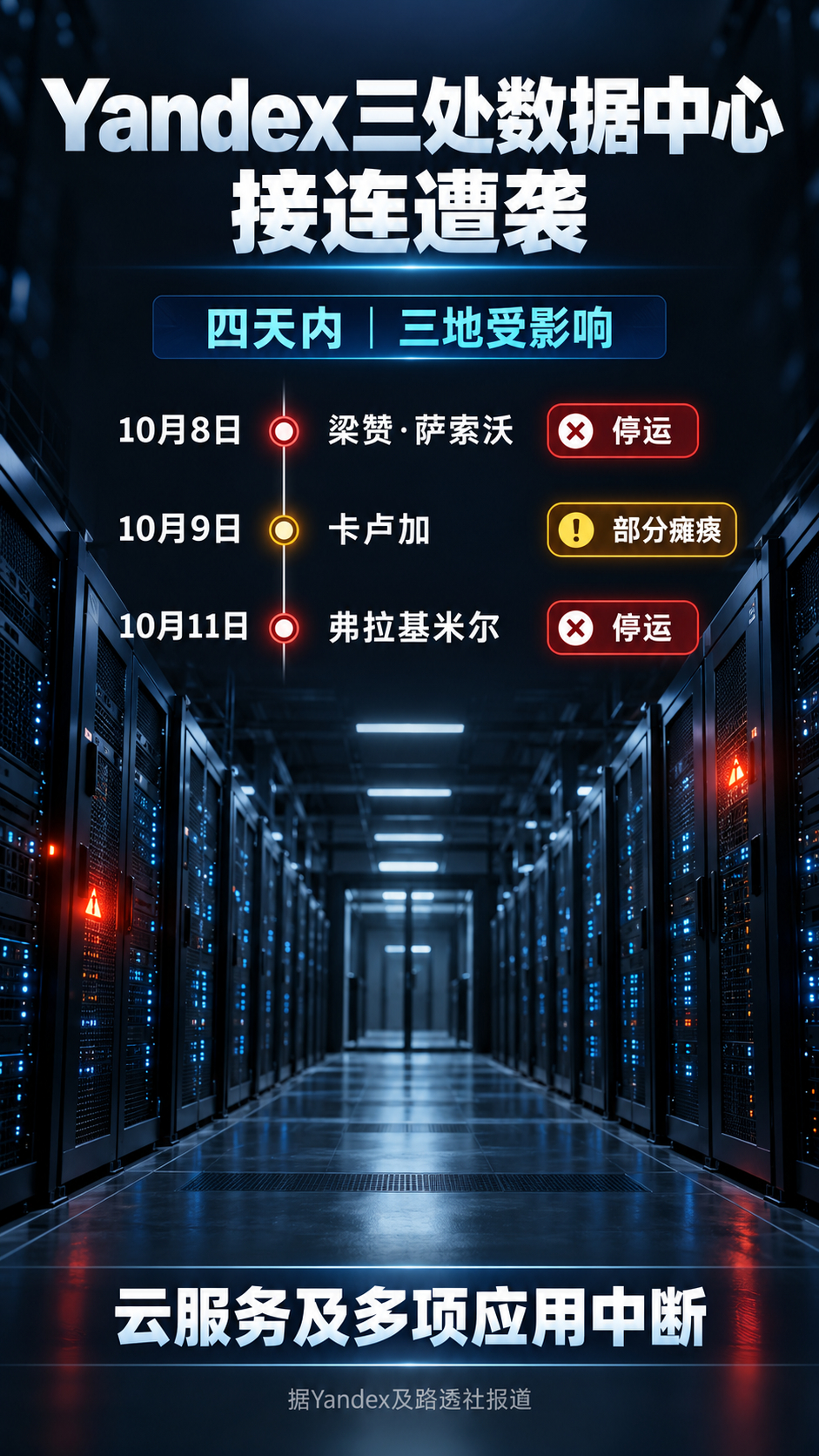 Yandex三处数据中心四天内接连遭无人机袭击 俄多项数字服务中断10月8日至1