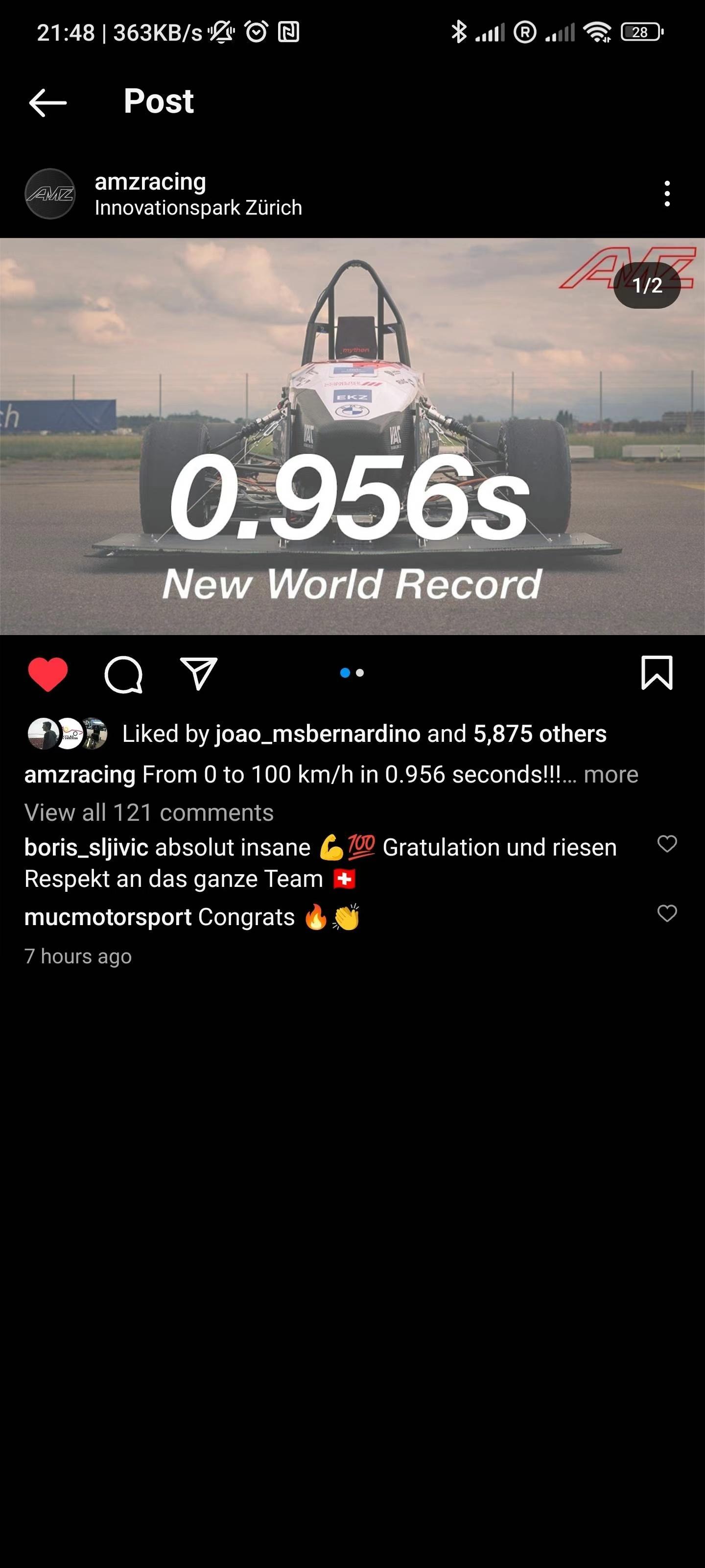 我校（就是文明b站的那个野鸡大学）AMZ车队又打破零百加速世界纪录了，0.956
