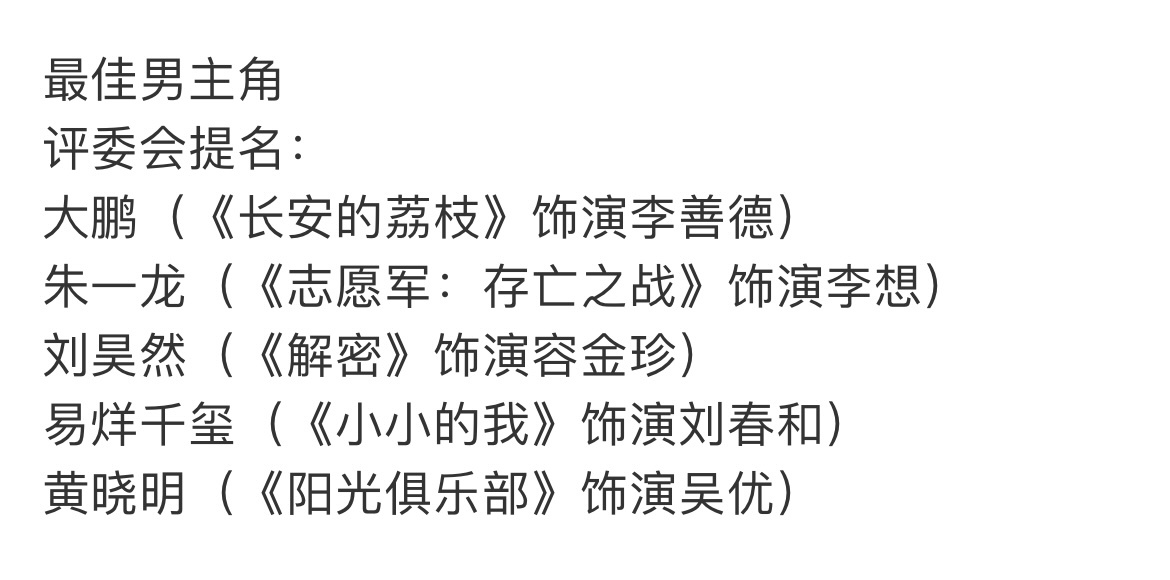 金鸡奖最佳男主角提名名单 ​​​