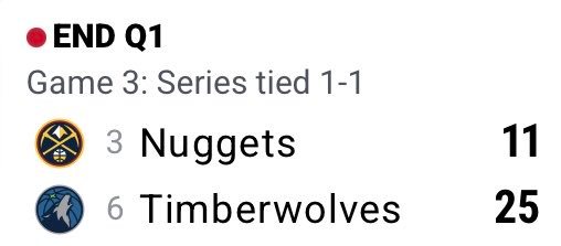 约基奇和戈贝尔都打满第一节，约基奇8中1，4分5篮板0助攻2失误。掘金单节11分