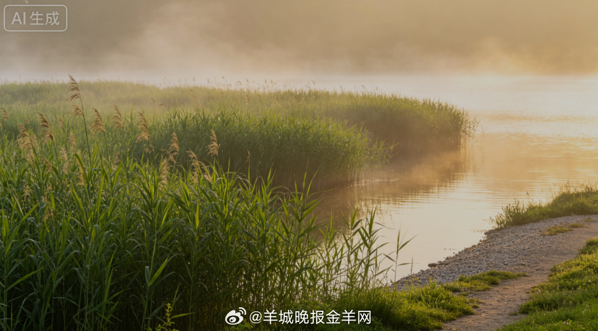 #早安# 盛夏清晨薄雾浅浅，成片青芦随风轻晃，水岸铺着细碎晨光。沿岸边缓行，凉风
