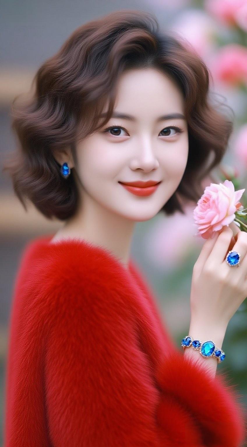 优雅红衣少女，手持粉色玫瑰，蓝宝石饰品闪耀，甜美笑容迷人。