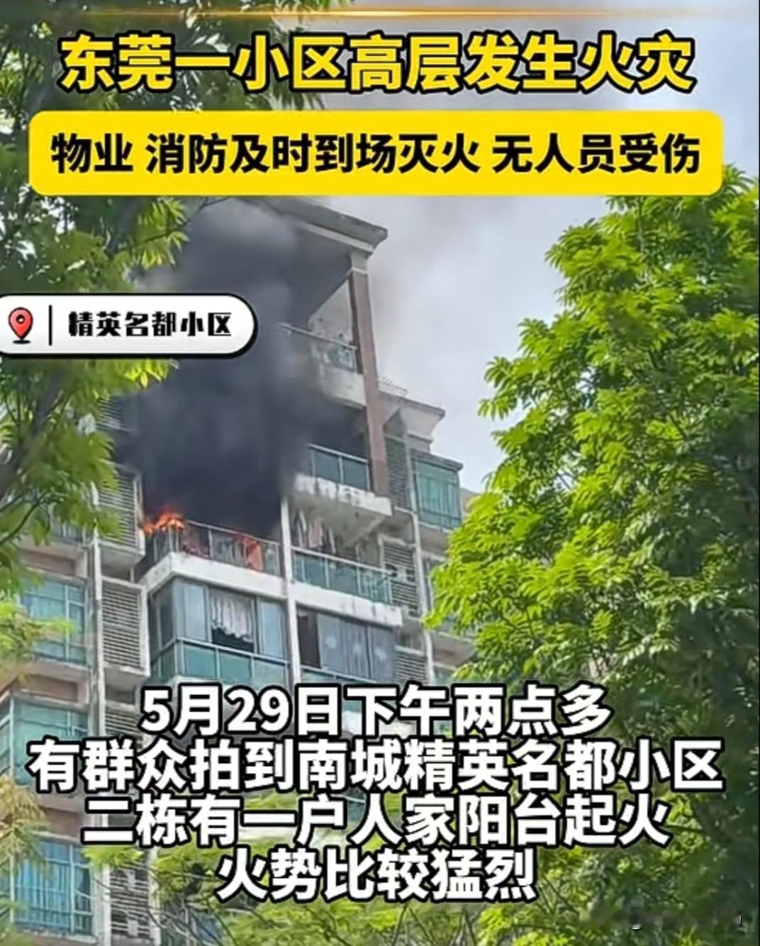 东莞南城一高层小区阳台起火，现场无人员伤亡
 
5月29日，东莞南城街道一处高层