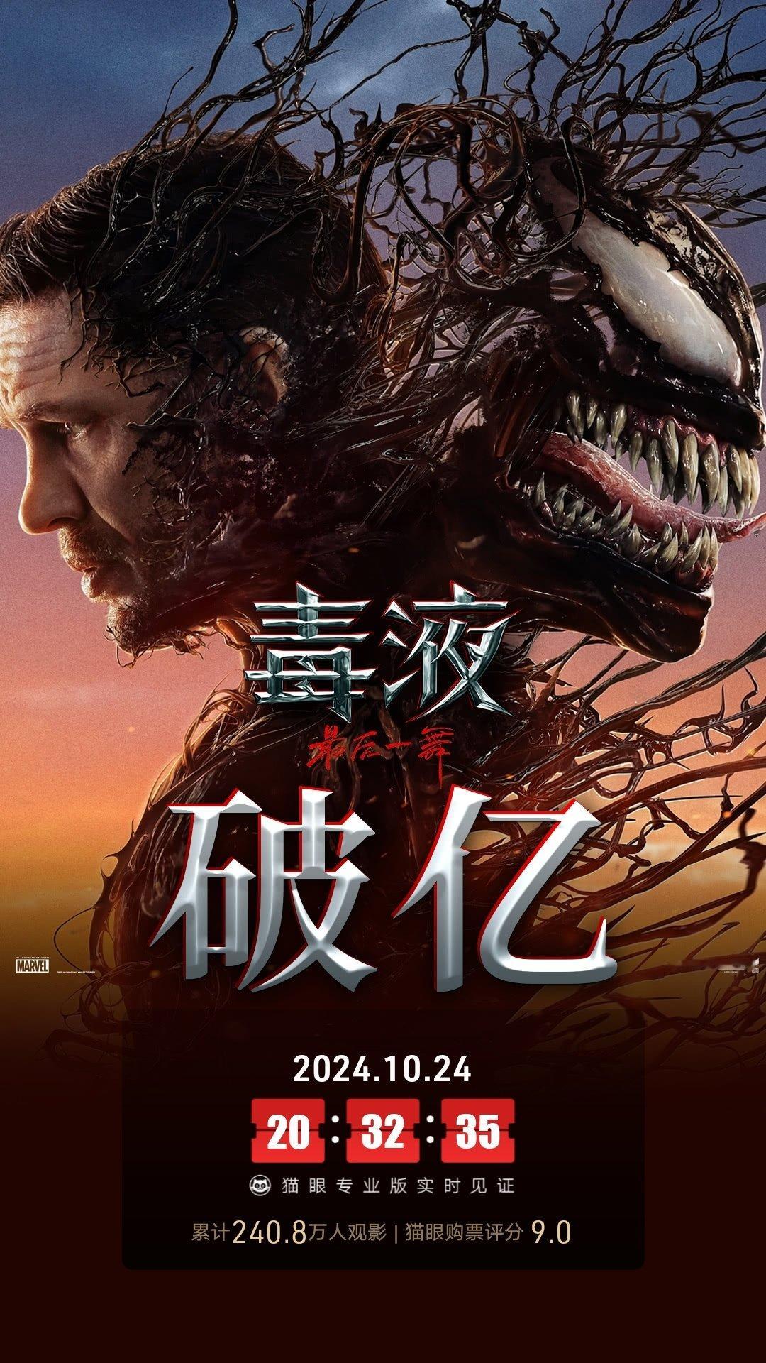#毒液3票房破亿#据猫眼专业版数据，电影 #毒液:最后一舞#上映2天， 总票房破