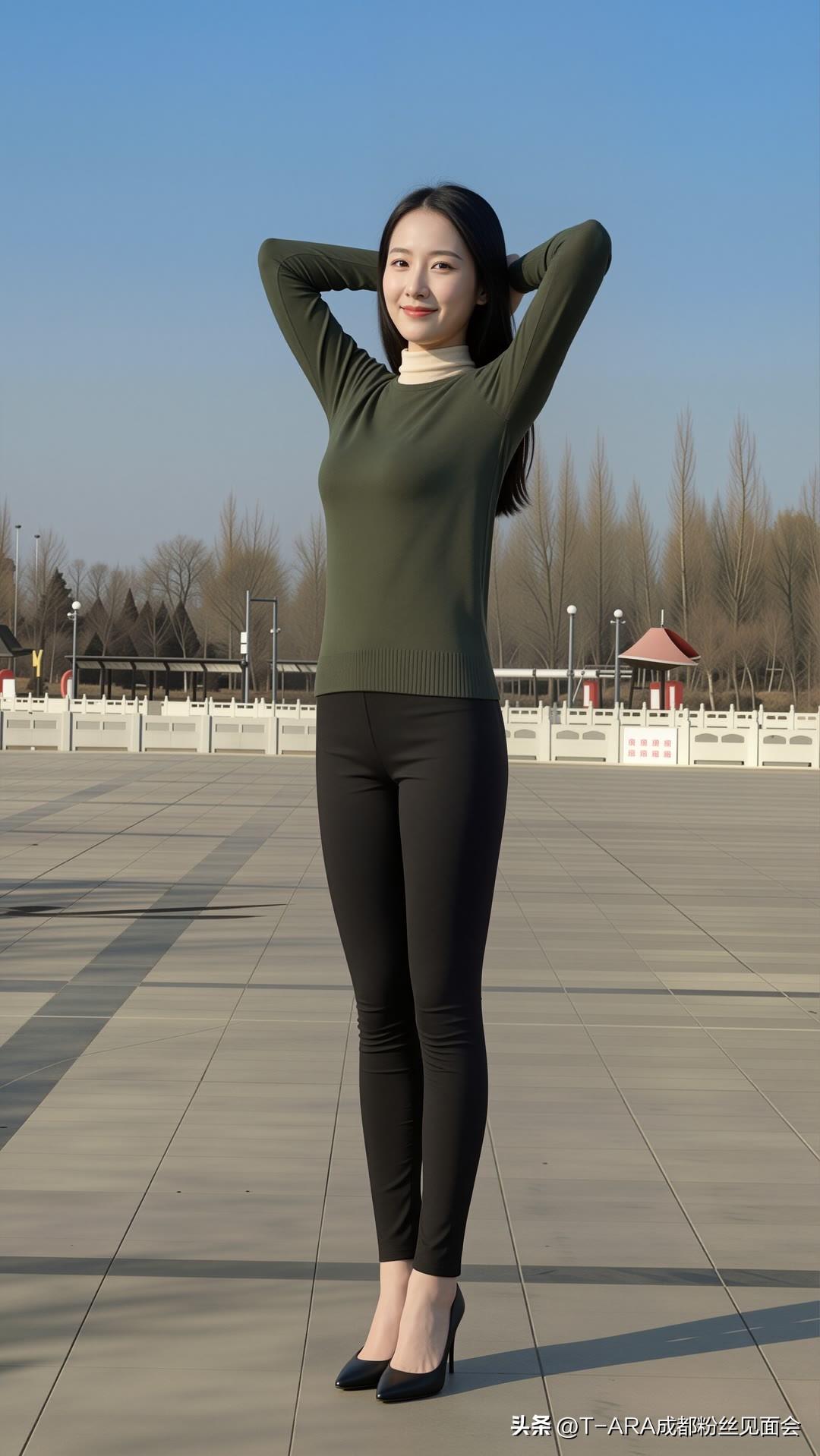 绿毛衣+黑紧身裤，简约又时尚，搭配高跟鞋，轻松穿出女神范儿！