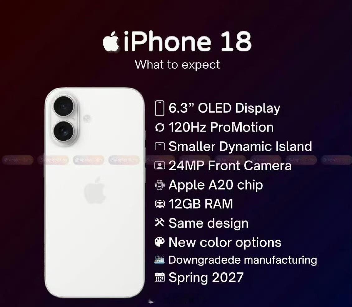 iPhone18标准版爆料汇总6.3英寸 OLED 显示屏（大概率会降级）成本控