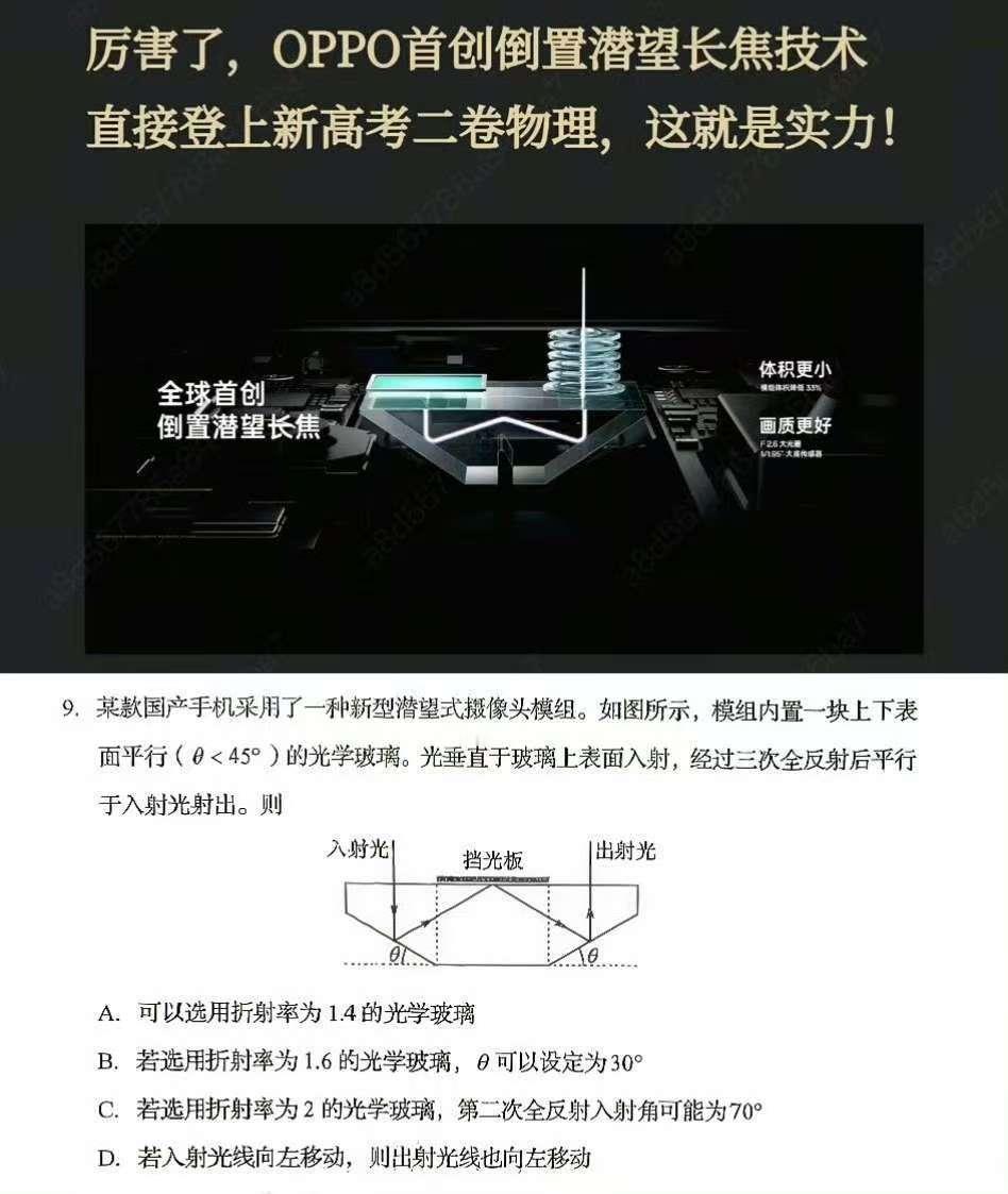 查证了一下，这道高考题，说的还真是OPPO的倒置潜望长焦，各位大学生，这道题到底