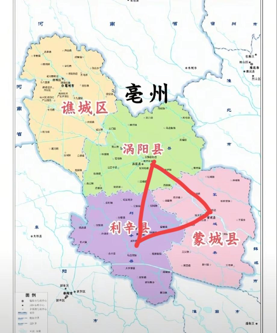 出了阜阳向东看，分别是涡阳，蒙城，利辛三大县，它们县城位置呈品字形结构，县城之间