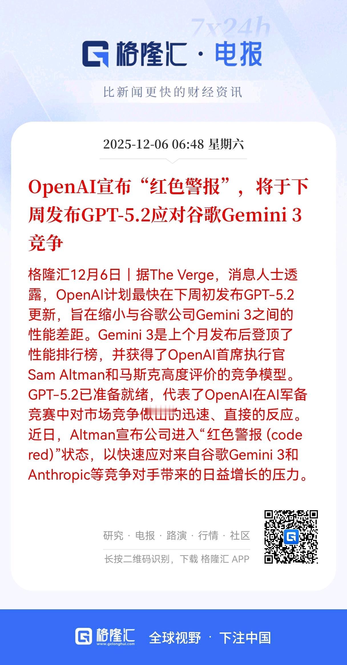 AI竞争升级！
OpenAI宣布“红色警报”，将于下周发布GPT-5.2应对谷歌