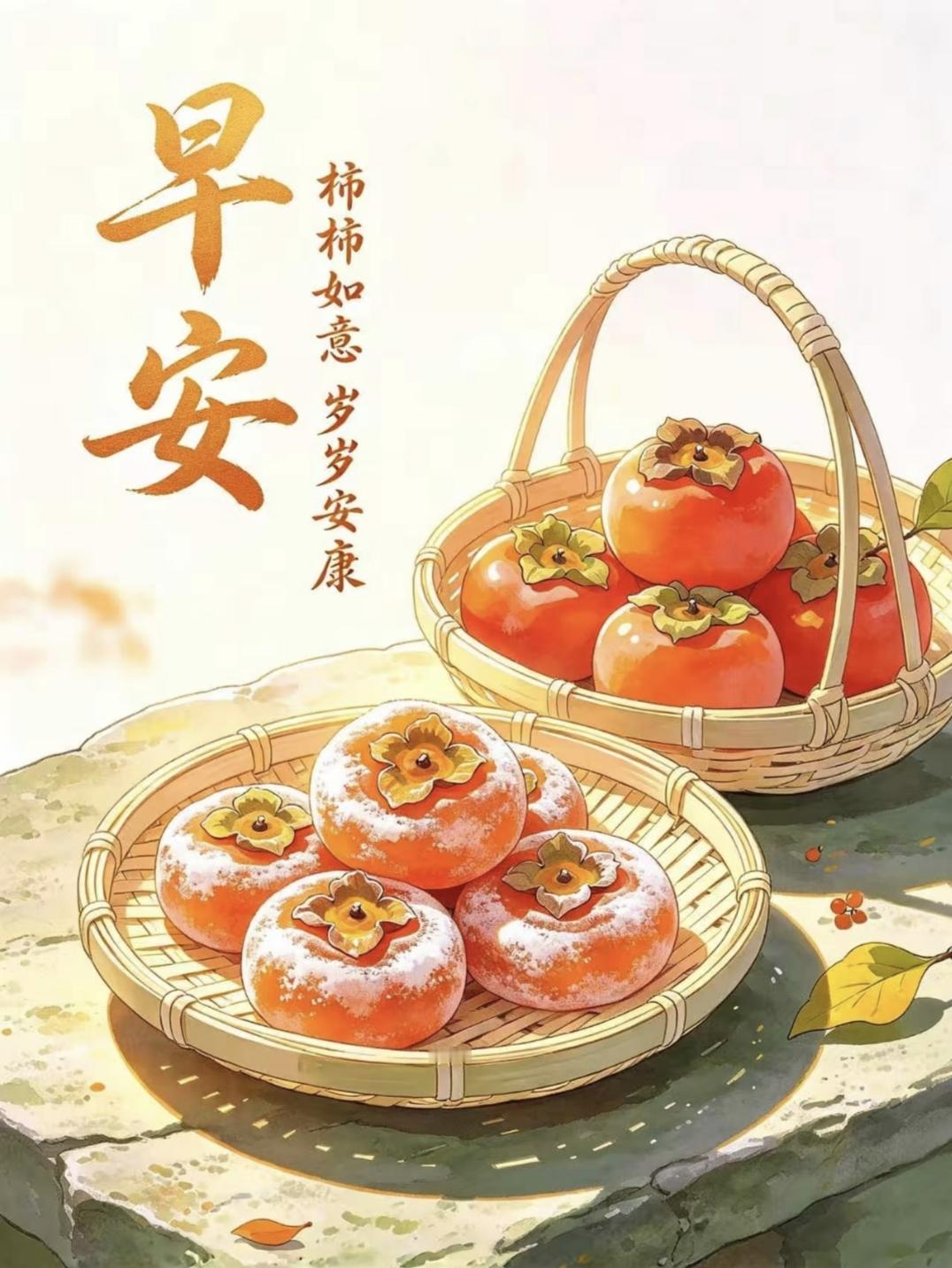 早安吉祥！愿柿柿如意，岁岁安康。传统文化 传递正能量 绘画 祝福