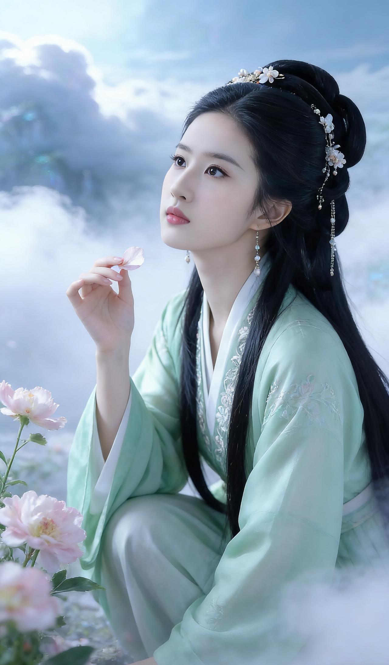 晨雾漫过云阶时，我正蹲在几株芍药旁。浅绿的裙裾沾了水汽，与周遭的云絮融成一片朦胧