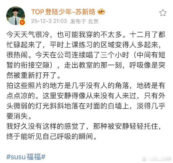 苏新皓终于能听见自己呼吸的瞬间在年底连轴转的忙碌里，连唱三小时的苏新皓，在寒冷的
