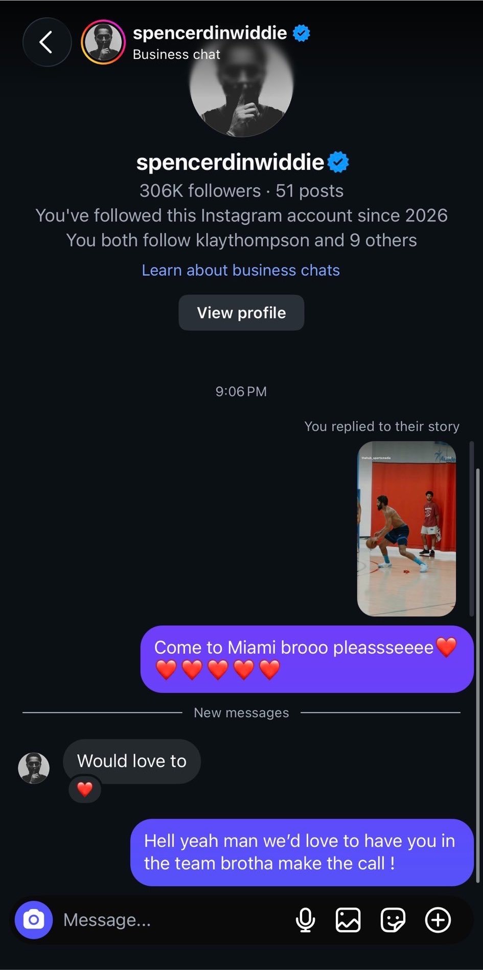 网友晒出和丁威迪的对话网友：来迈阿密吧兄弟，求求了❤️❤️❤️❤️❤️❤️丁威迪