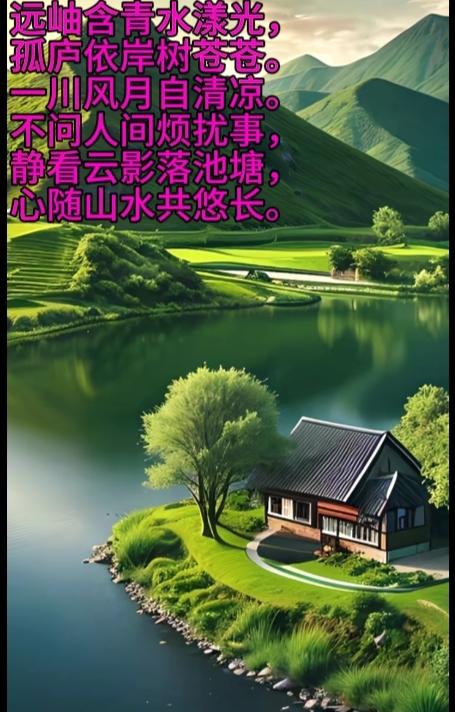 远岫含青水漾光，
孤庐依岸树苍苍。
一川风月自清凉。
不问人间烦扰事，
静看云影