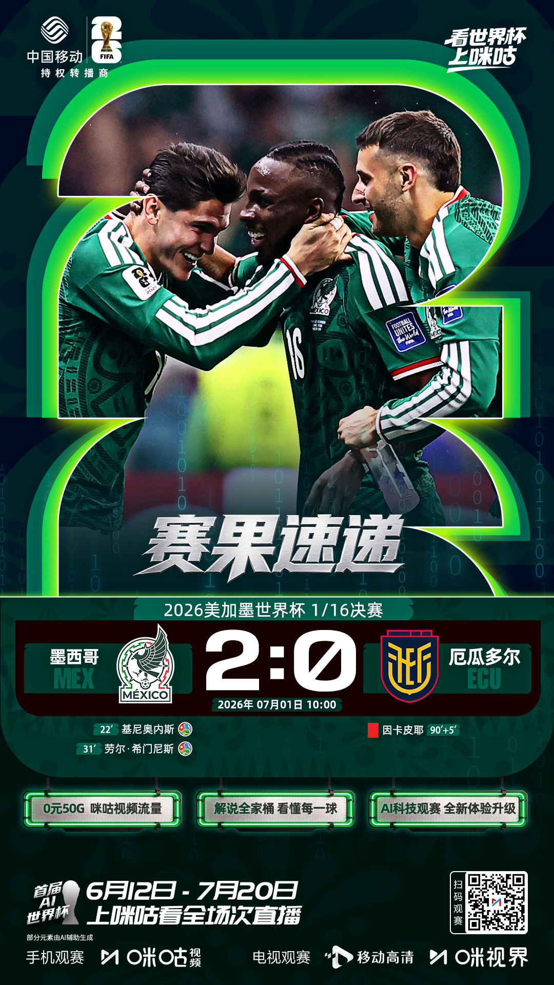 🏆美加墨世界杯1/16决赛⚽️基尼奥内斯传射建功🟥因卡皮耶冲突捂嘴染红🆚墨