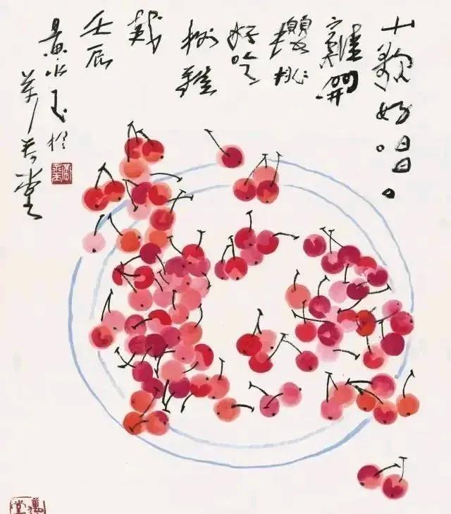 名家画樱桃，红润饱满，叫人垂涎三尺