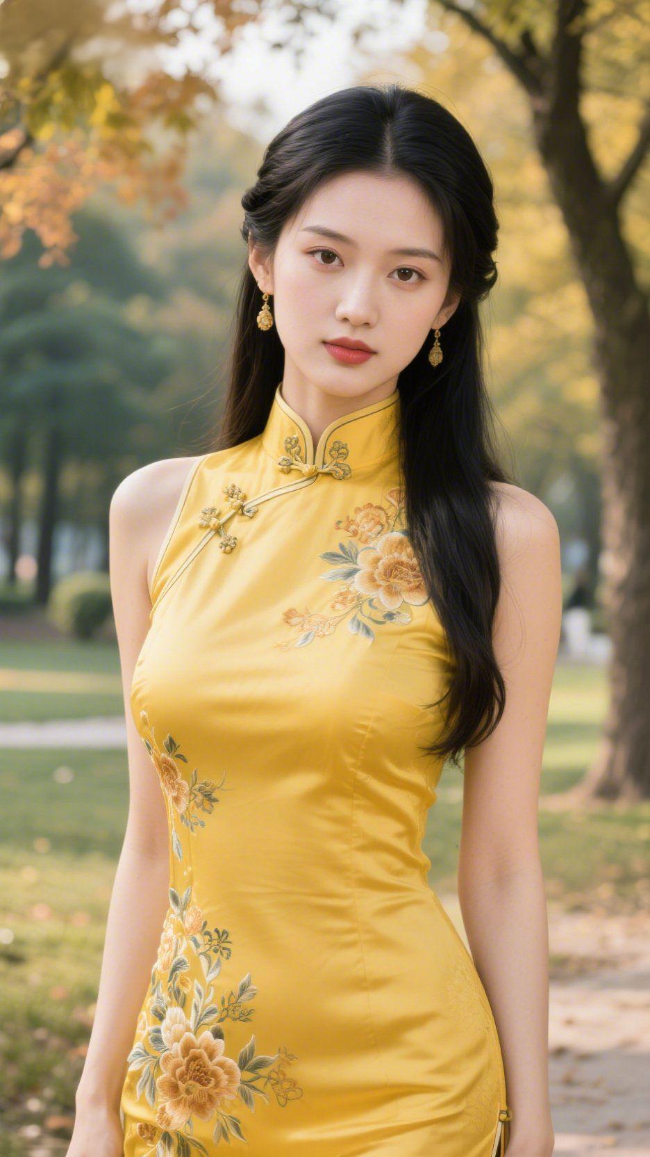 秋林下的黄绫裳
 
秋阳把树影织成碎金时，她静立在风里。明黄衣袂衬着舒展的肩，绣