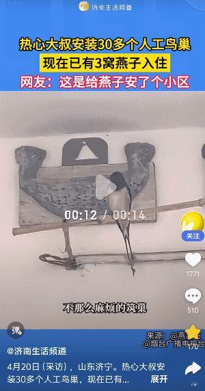 太暖心了！山东济宁，一大叔在自己家里安装了30多个燕子人工鸟巢，目前已经有3窝燕