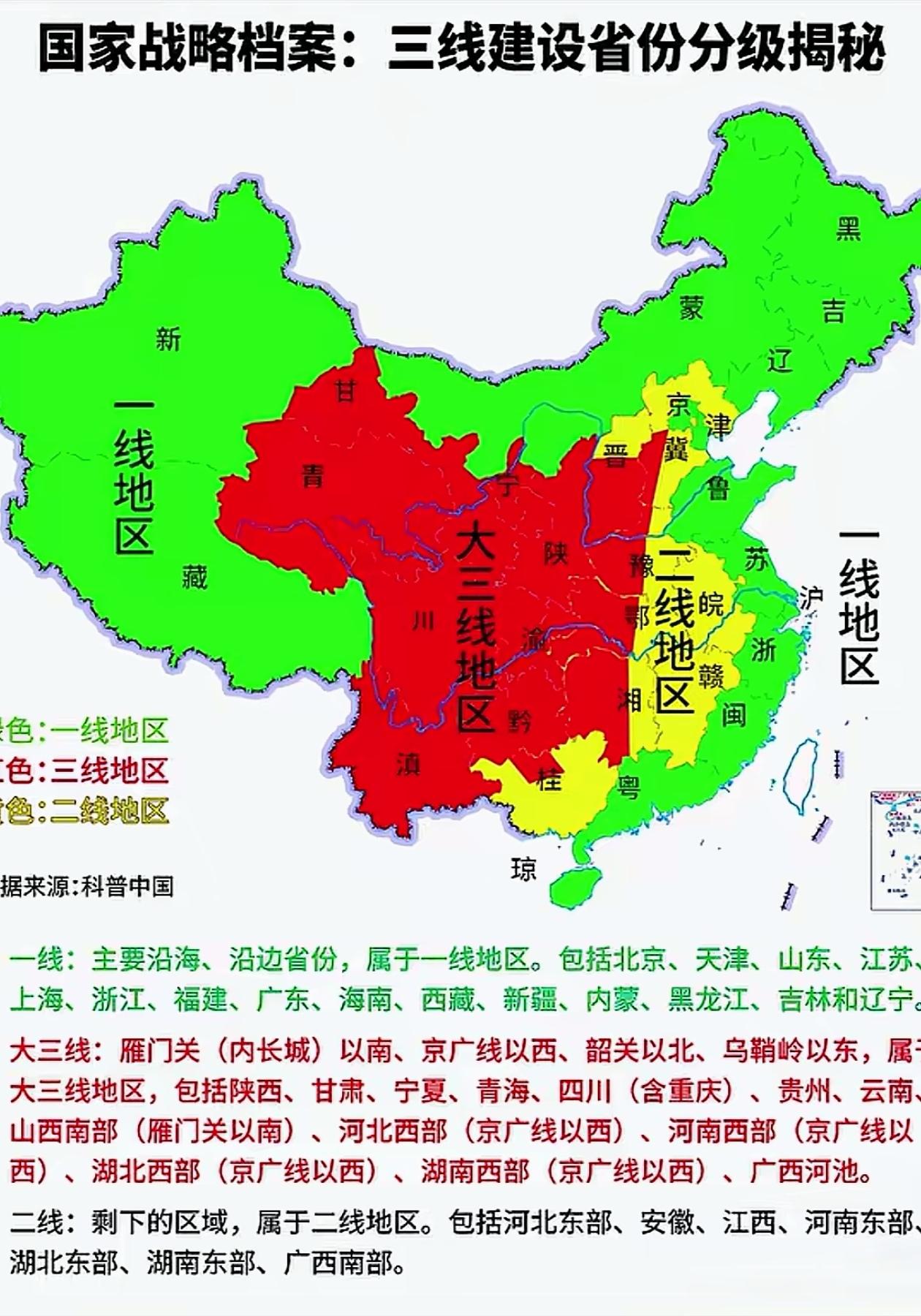 20世纪60年代中国三线建设

三线指中国按战略重要性划分三个地理圈层，包括沿海