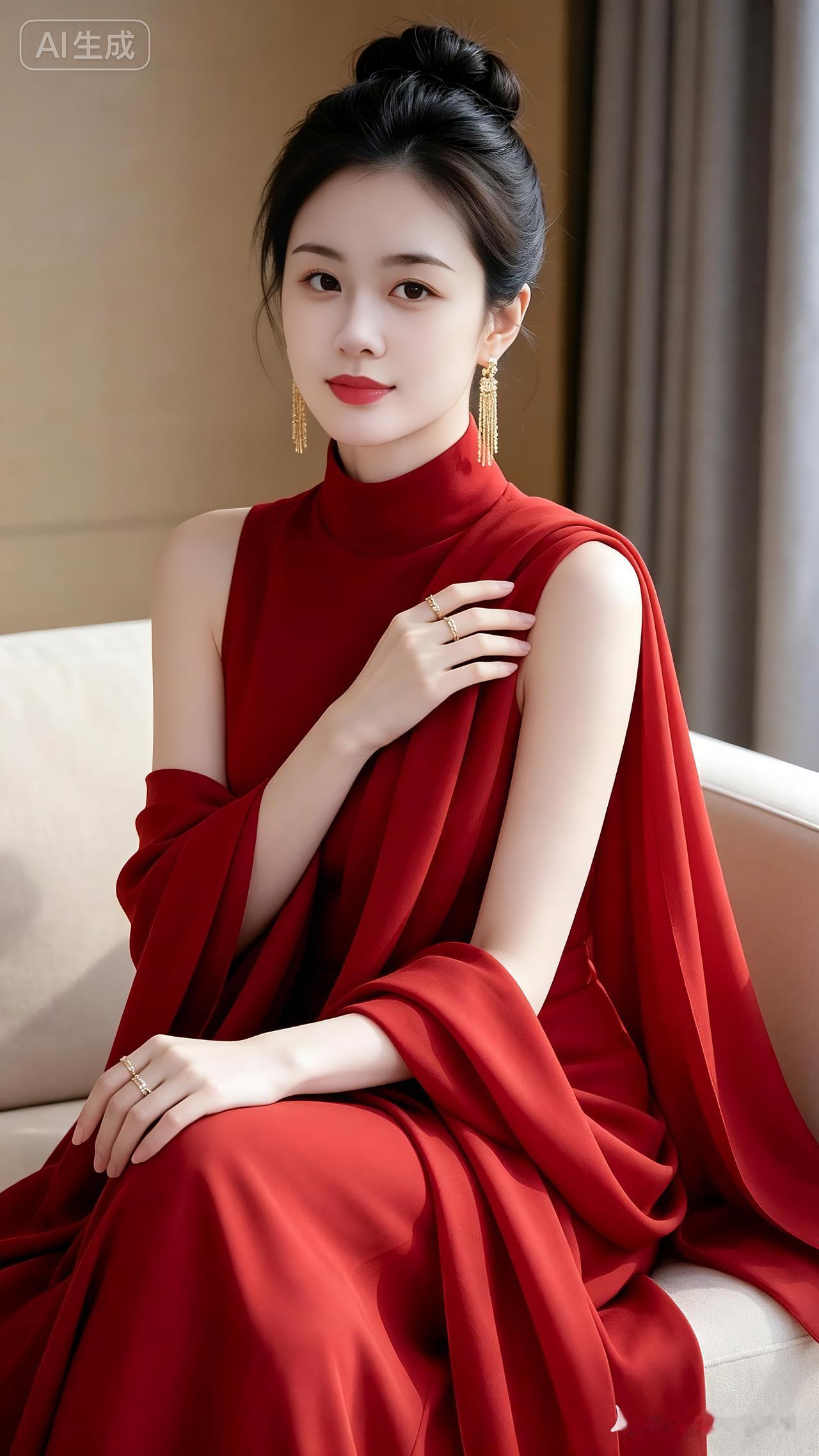 红妆雅韵
高髻似云鬓如烟，
一袭红衣映丽颜。
金钗垂耳流光转，
玉指轻抬仪态闲。