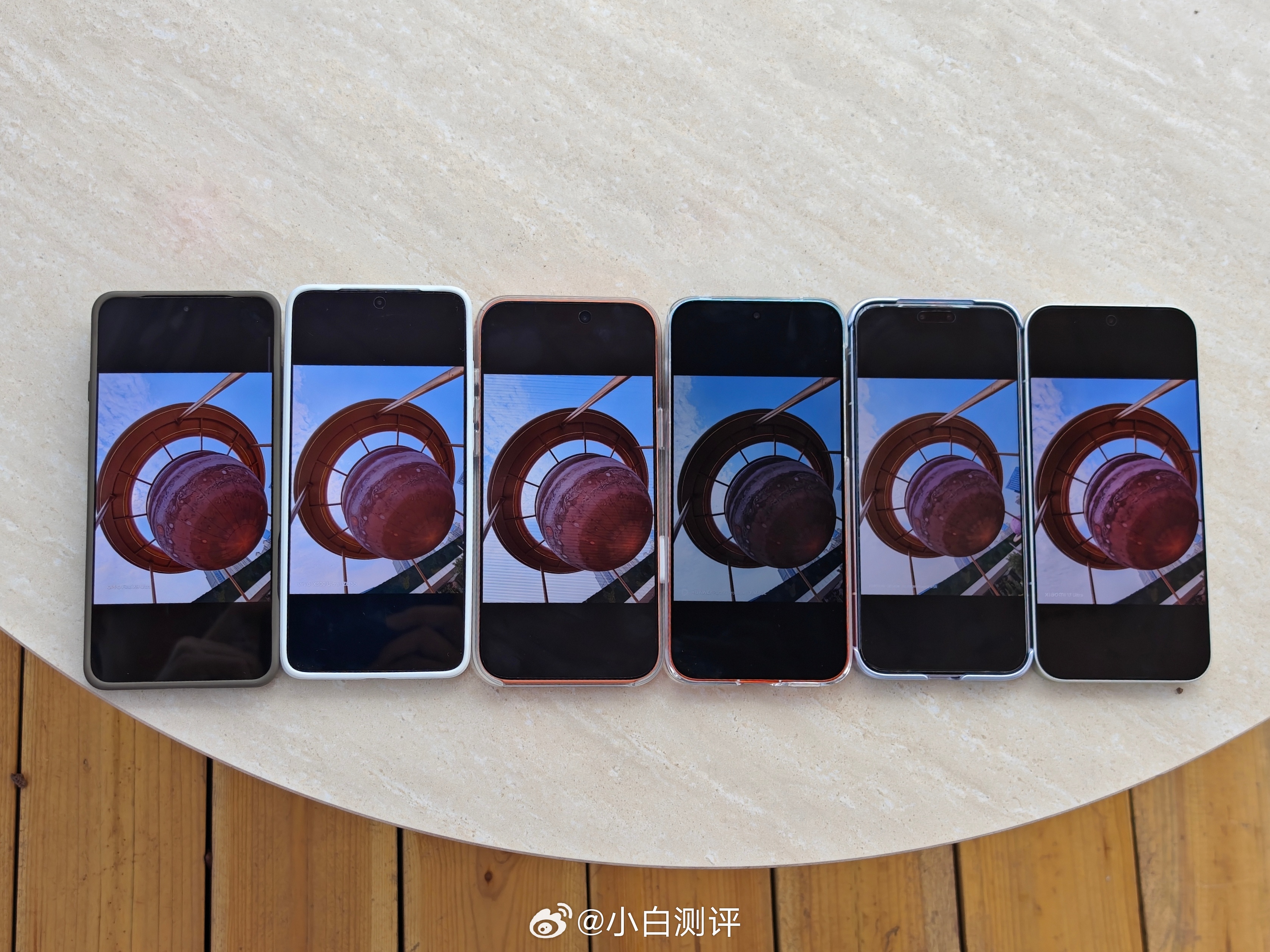 六大旗舰影像手机户外阴凉处最高亮度对比从左到右依次是：OPPO Find X9 