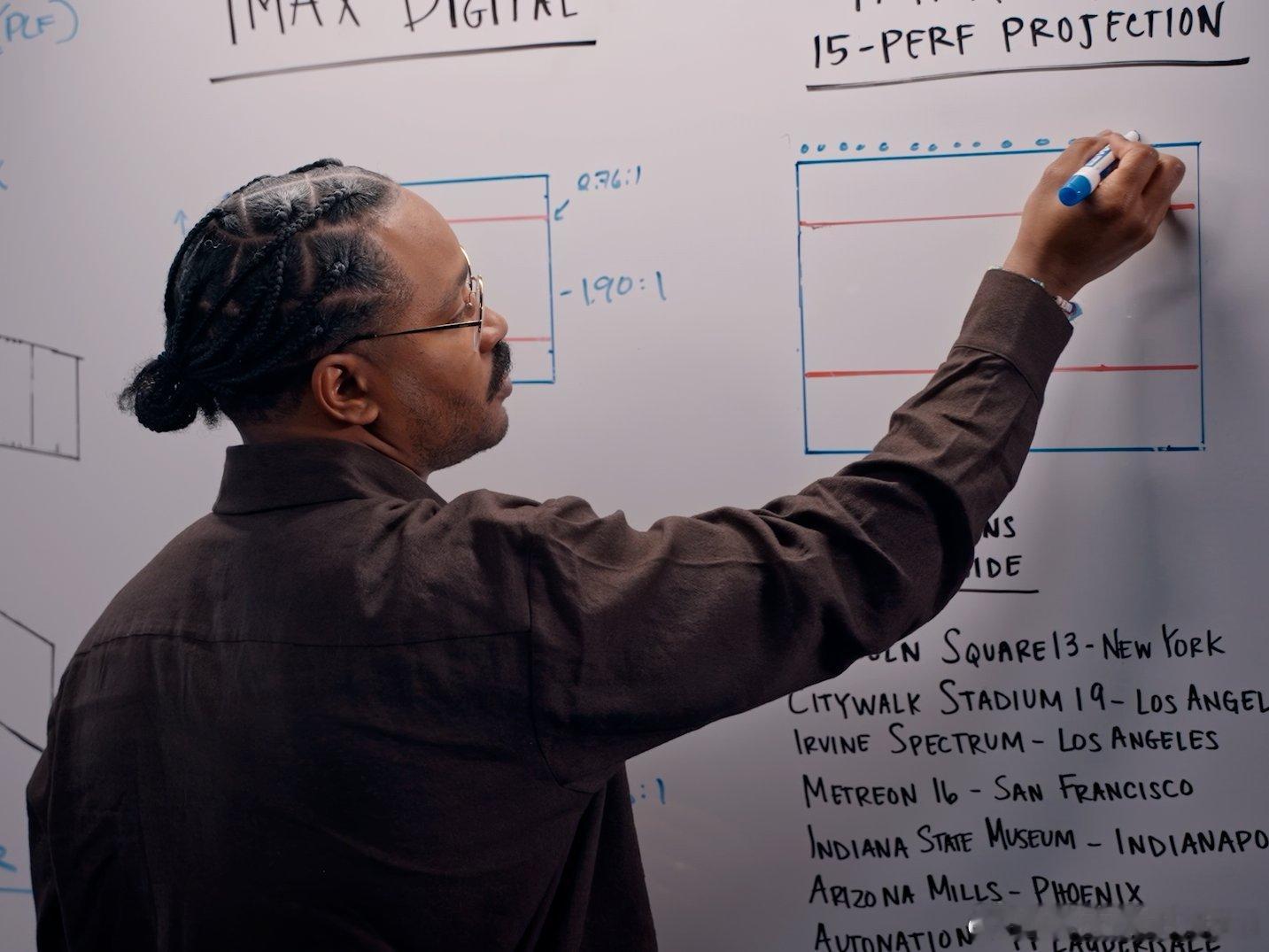 《罪人》上映已经一周年，导演瑞恩·库格勒在拍摄准备期在白板上画下了不同的画幅比例