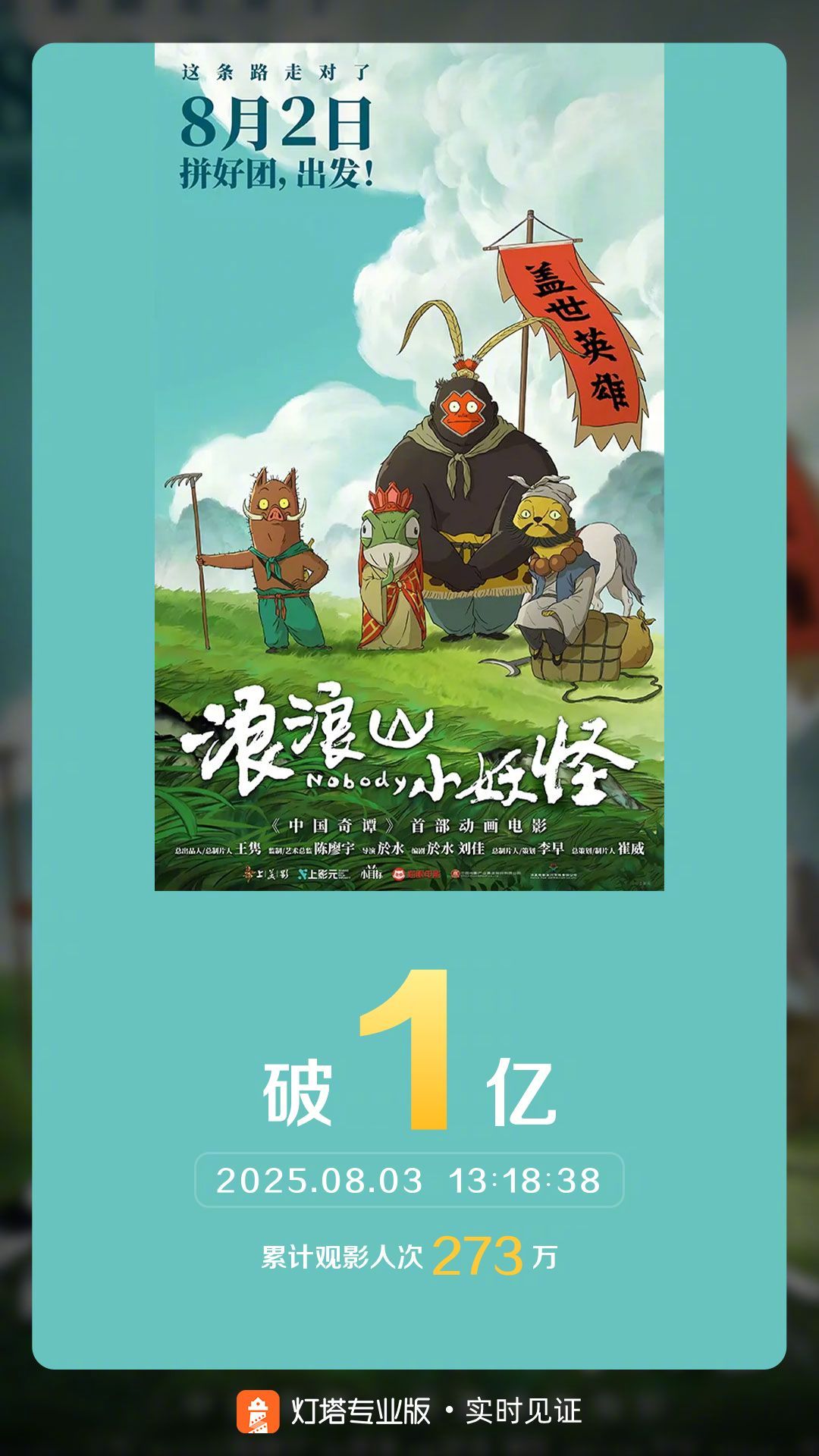 浪浪山小妖怪票房破亿 据灯塔专业版实时数据，截至8月3日13时18分，影片《浪浪