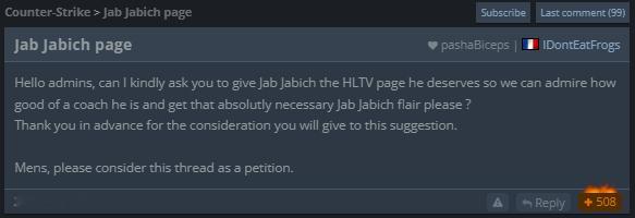 万人血书🐸青蛙教练Jab Jabich收录HLTV！目前在 HLTV 搜索栏输