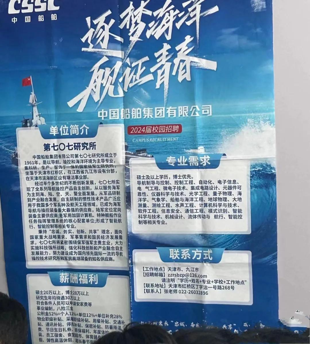 事实证明，现在的研究生就业并不难。
中国船舶集团有限公司的第707研究所对外招聘