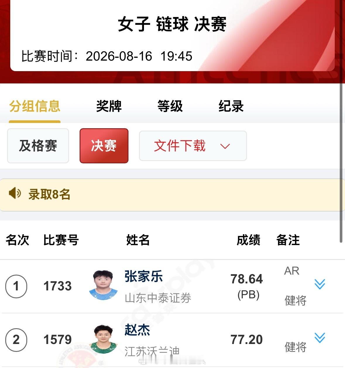 19岁张家乐刷新女子链球亚洲纪录  8月16日晚，全国田径锦标赛女子链球决赛上演