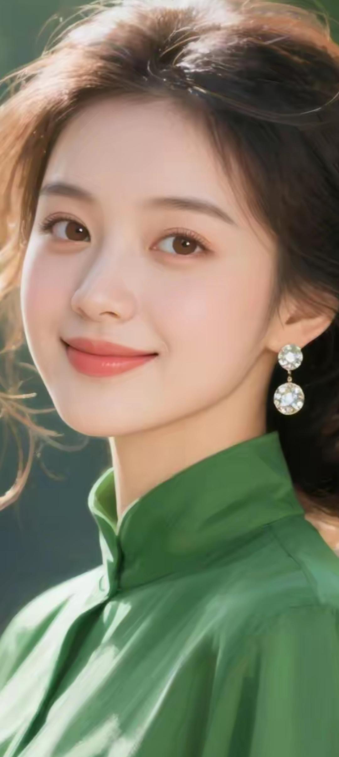 清新自然，微笑如春日暖阳，绿色衬衫与耳饰相得益彰，尽显优雅气质。