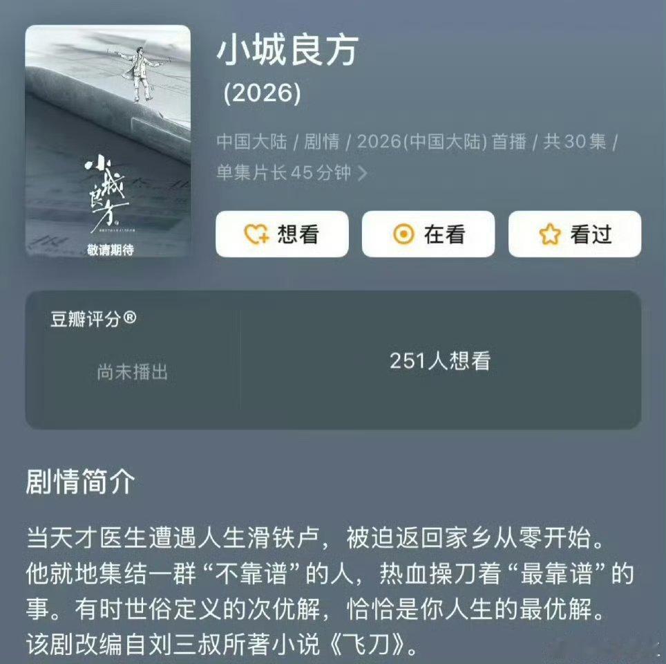 肖战《小城良方》今天官宣阵容词条已出，感觉阵容很强大的样子哇[期待][期待][期