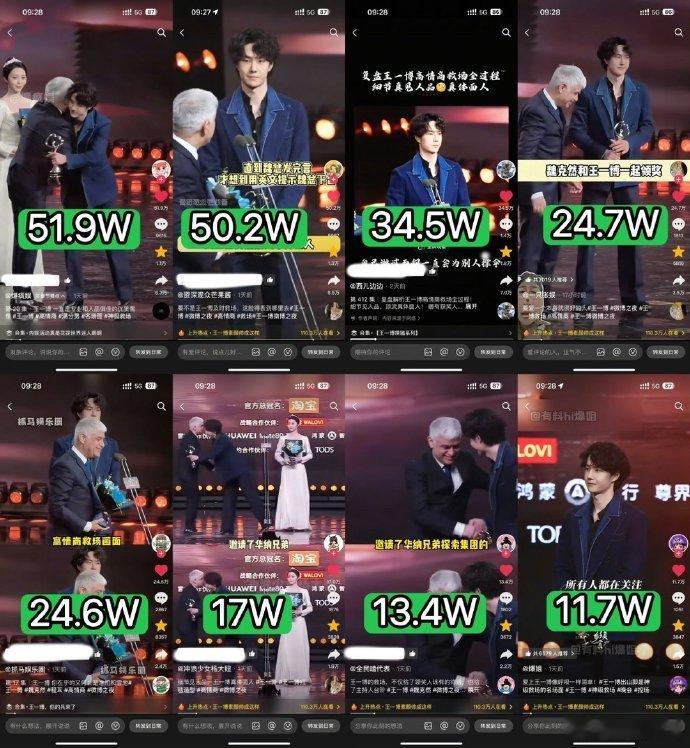 王一博微博之夜救场下沉市场出圈了，抖上都是大几十万的赞 