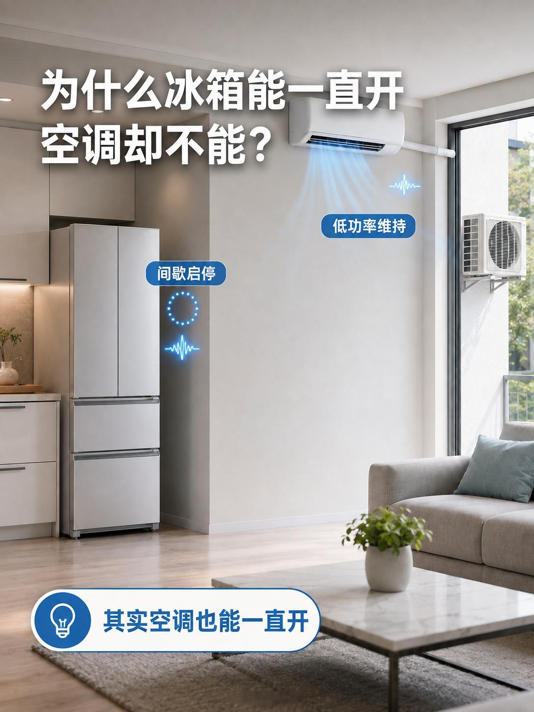 为什么冰箱能一直开但空调不能其实空调也能一直开，只是冰箱达到设定温度后，压缩机会