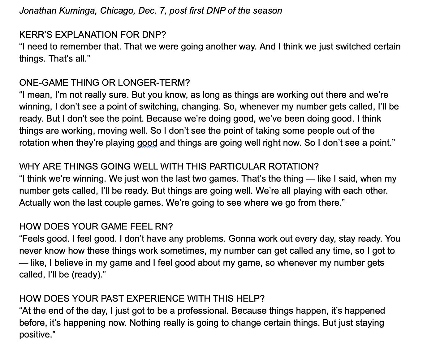 以下是库明加在赛季首次缺席比赛后，在更衣室接受媒体采访的完整文字稿。他最想重申的