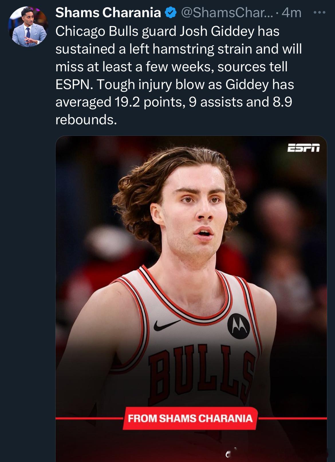 Shams：芝加哥公牛队后卫约什·吉迪遭遇左腿筋拉伤，将至少缺席数周。消息人士向