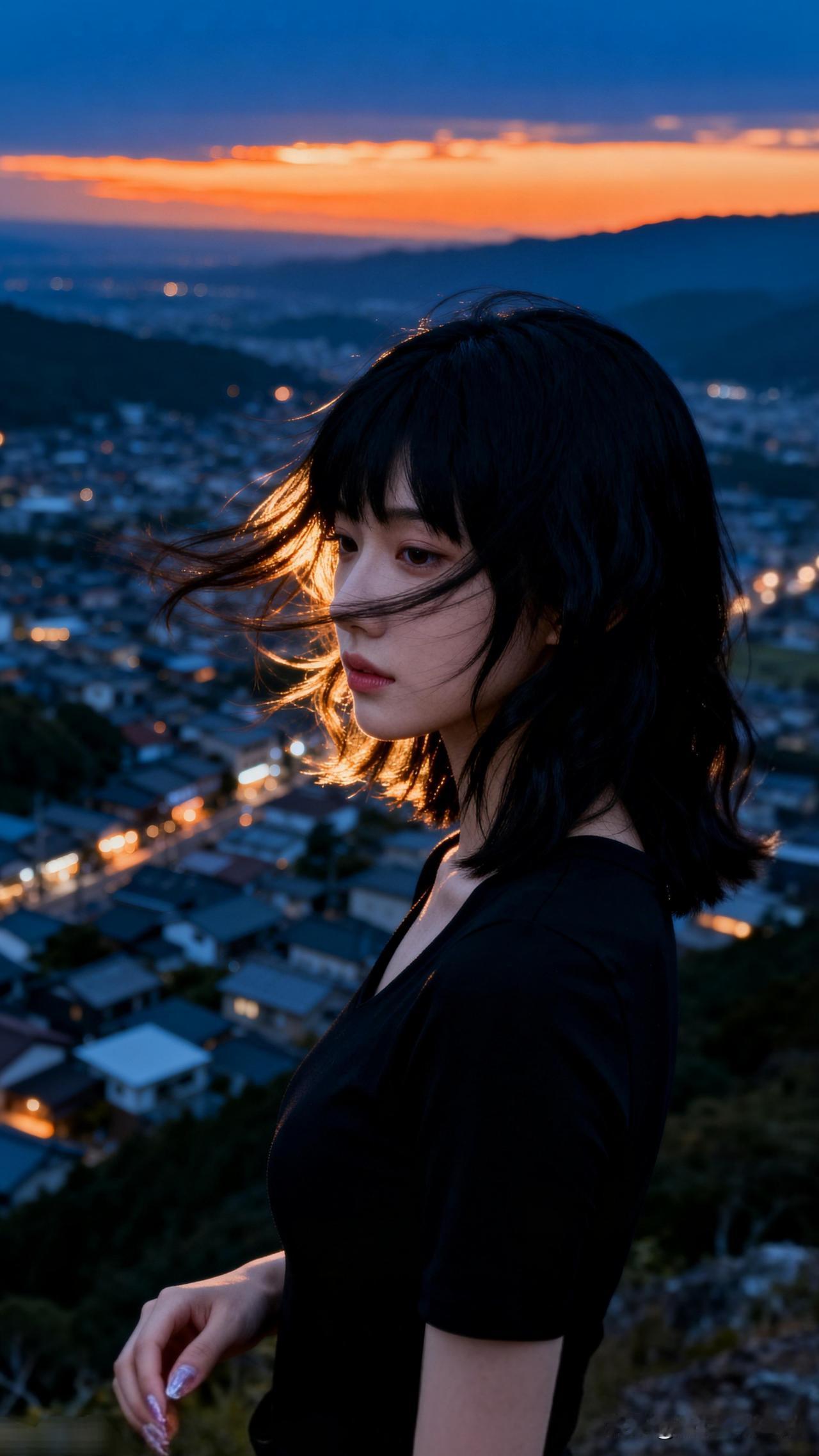 山城暮色里，美人倚风立。氛围感出片穿搭 黄昏时分，少女凝视远方，城市灯火与落日余