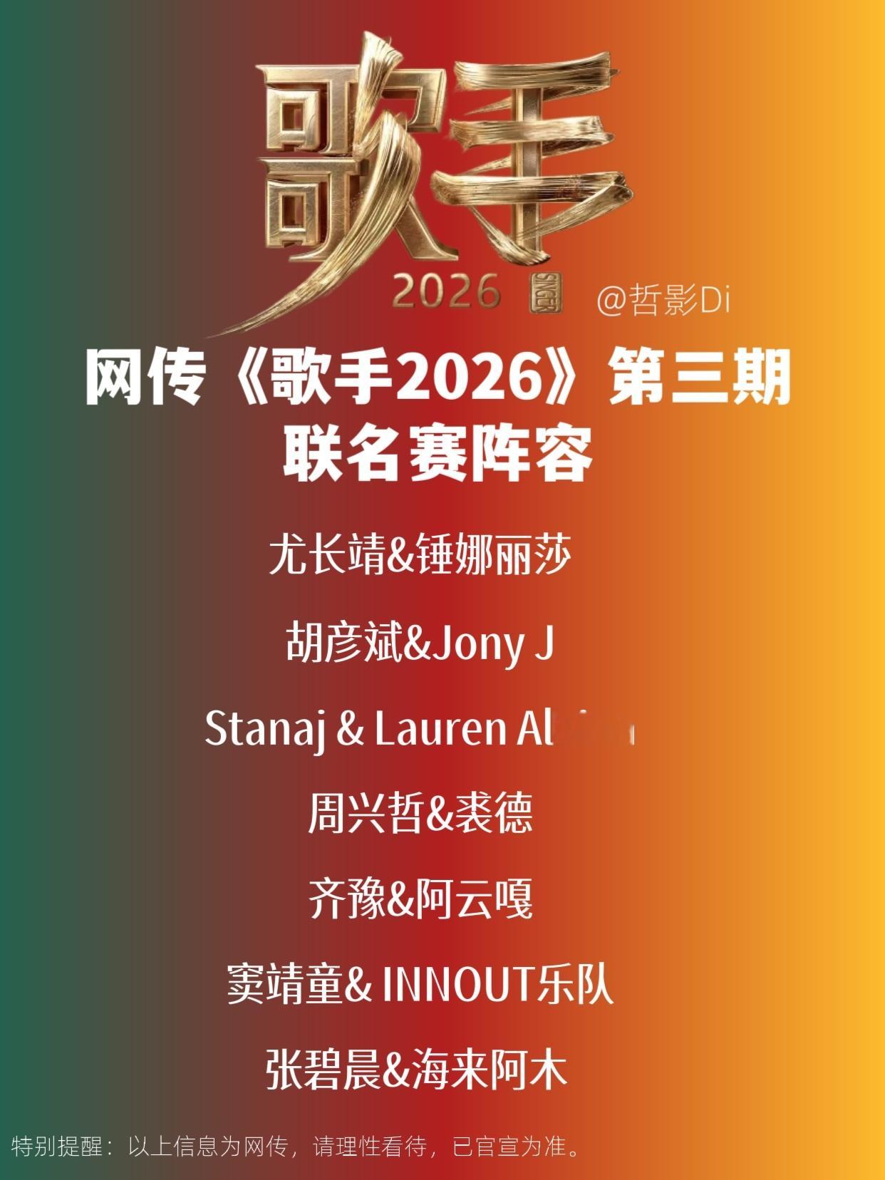歌手2026《歌手2026》第三期联名赛，网传嘉宾阵容，你期待哪一组的演唱？尤长