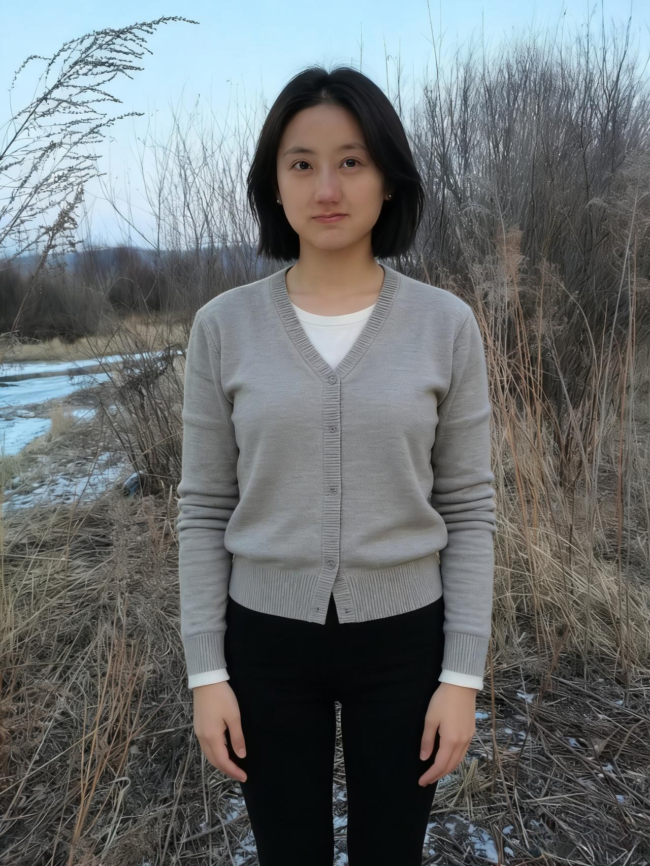 她从冬的褶皱里走来
踩着碎叶与薄冰的节拍
灰开衫是大地的底色
白内搭是云的留白