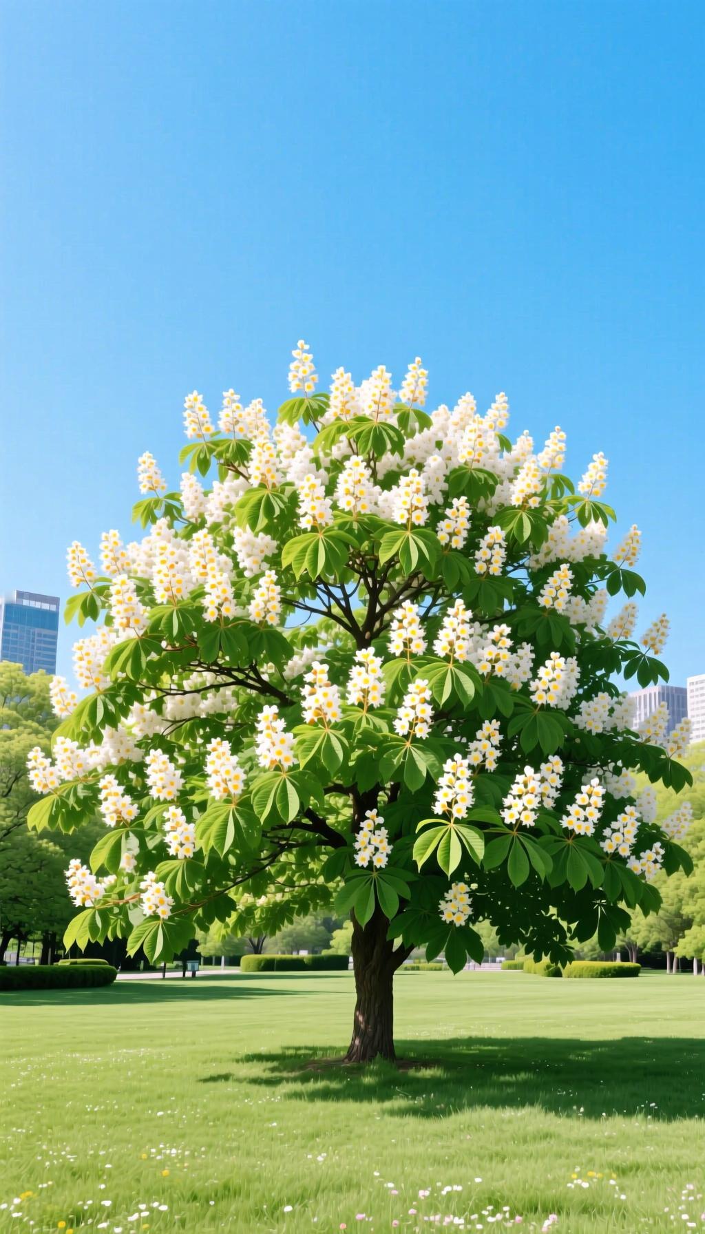这是七叶树开花的景观图，核心信息可分点解析：
 
1. 植物特征
- 主体是七叶