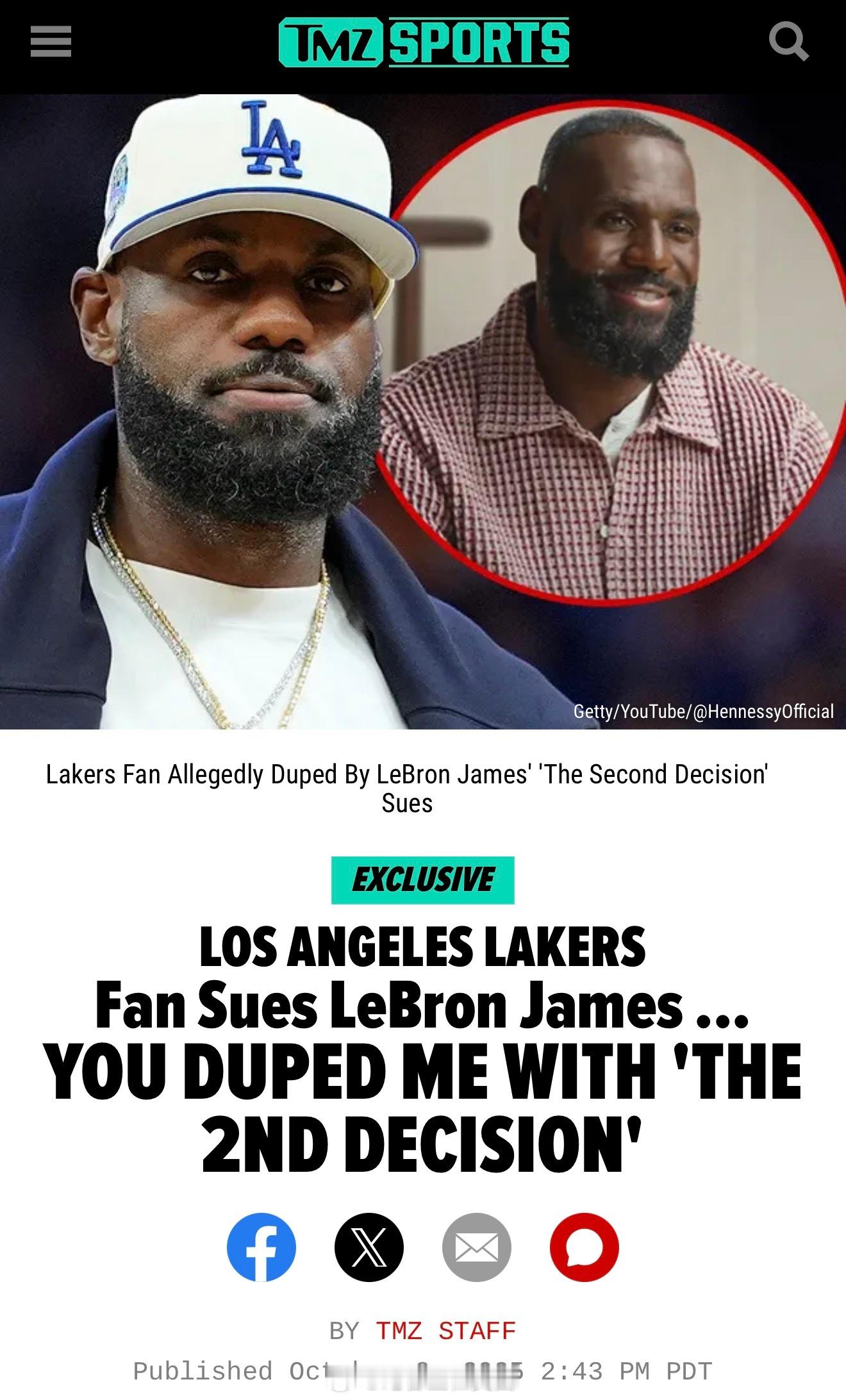 一名湖人球迷向詹姆斯提起诉讼，索赔 865.66 美元。他表示，自己原以为詹姆斯