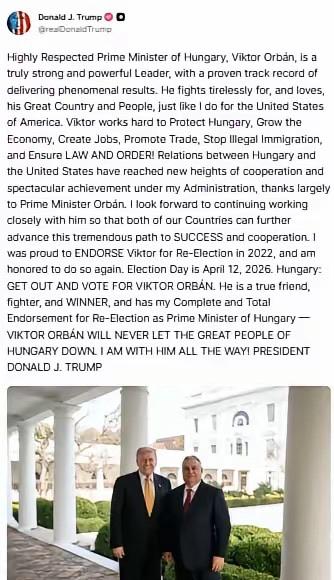 特朗普呼吁匈牙利民众在4月12日为欧尔班投票

特朗普公开喊话匈牙利人，让大家4