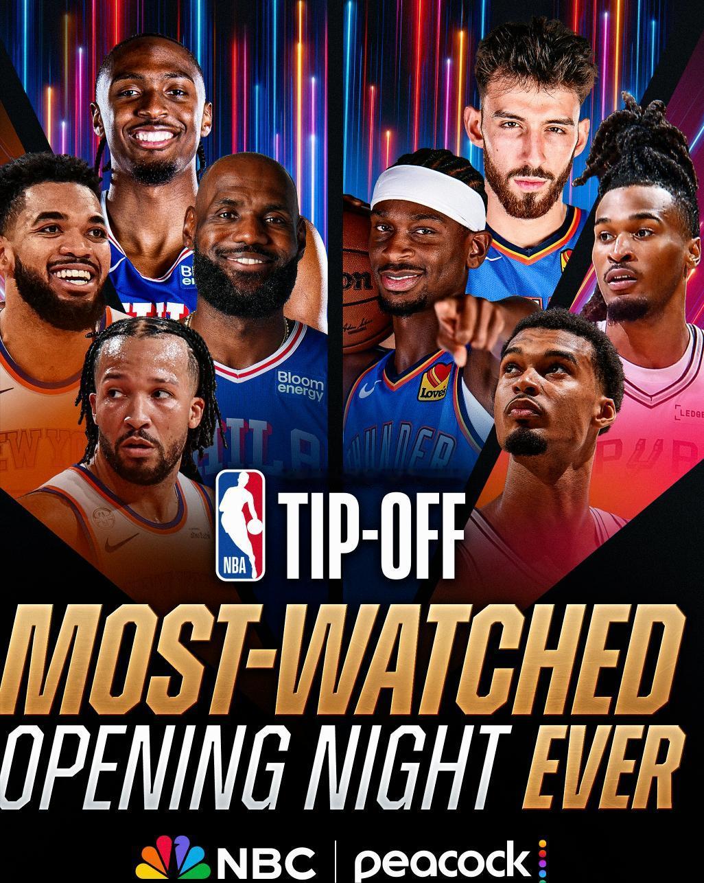 NBA官方于10月23日公布了揭幕夜的收视数据：周三76人对阵尼克斯、雷霆对阵马