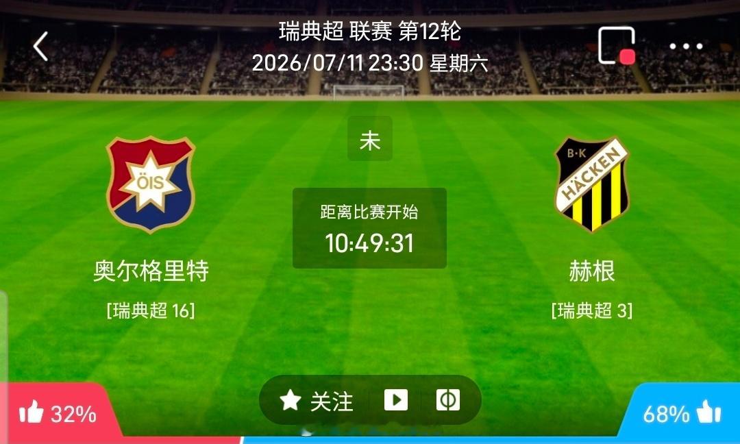 【足球】周六210瑞典超方向：奥尔格里特vs赫根瑞典超：奥尔格里特VS赫根时间：