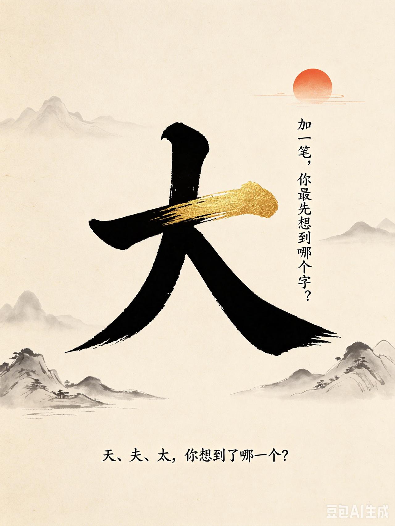 大字添一笔能变出三个常用字，多数人第一反应是天，在上方加一横，寓意广阔天地。
其