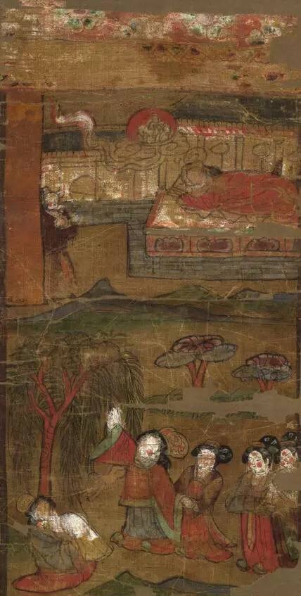敦煌唐代绢画 | 九世纪·《佛传图》断片 | 大英博物馆藏佛传图断片:入胎；诞生